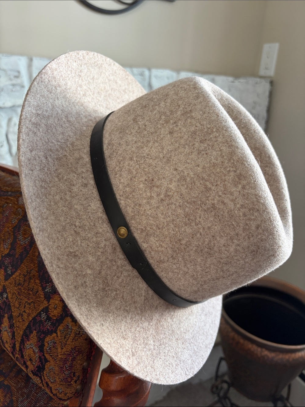 Rag & Bone Women’s Wide Brim Wool Felt Fedora Hat - Taupe with Black Band - Med